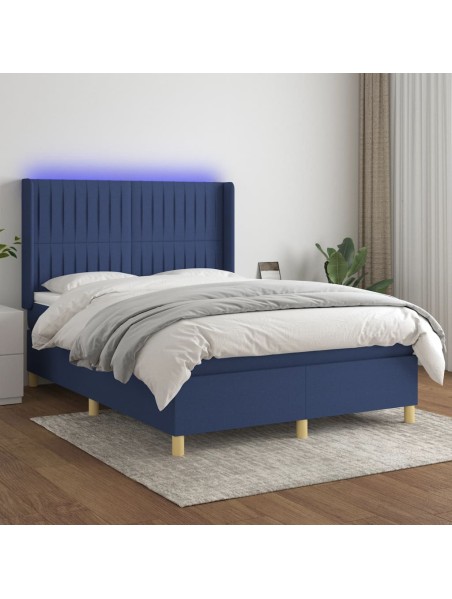 Boxspringbett mit Matratze & LED Blau 140x200 cm Stoff