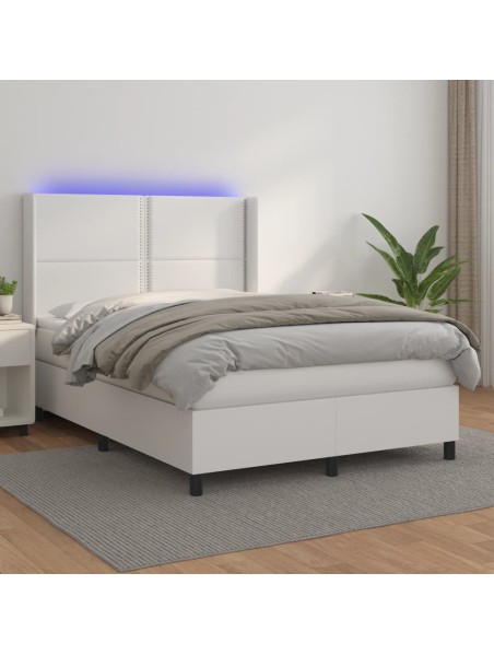 Boxspringbett mit Matratze & LED Weiß 140x200 cm Kunstleder