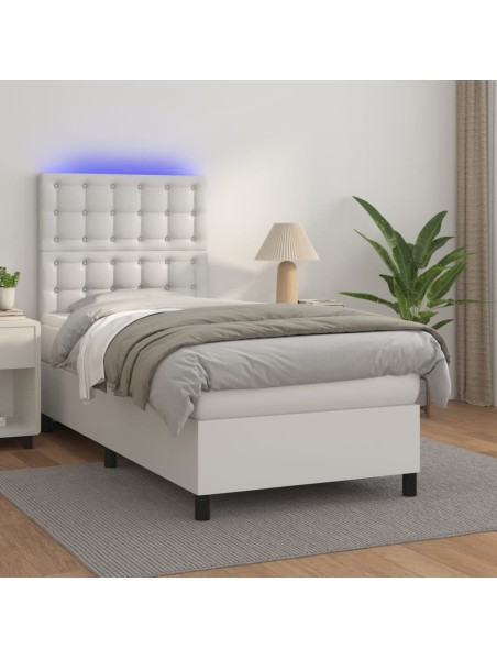 Boxspringbett mit Matratze & LED Weiß 90x200 cm Kunstleder