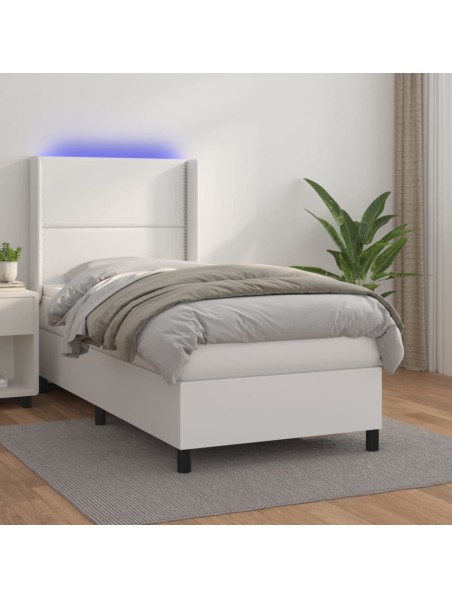 Boxspringbett mit Matratze & LED Weiß 90x200 cm Kunstleder