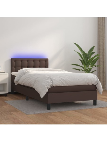 Boxspringbett mit Matratze & LED Braun 90x200 cm Kunstleder