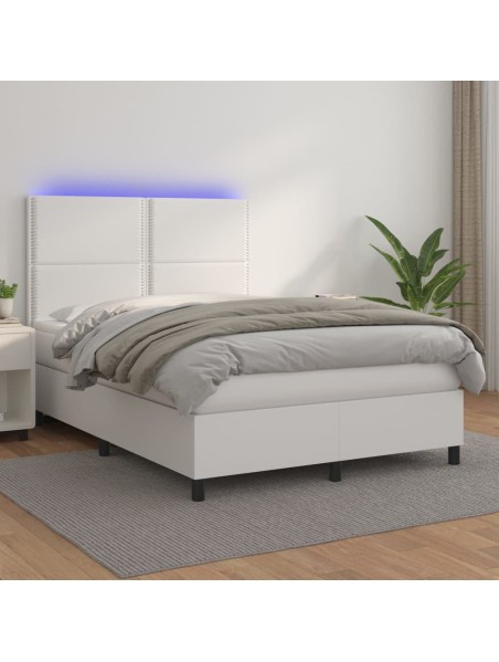 Boxspringbett mit Matratze & LED Weiß 140x190 cm Kunstleder