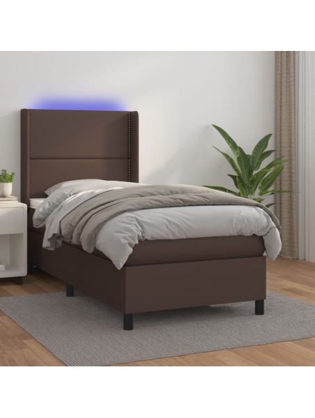 Boxspringbett mit Matratze & LED Braun 90x200 cm Kunstleder