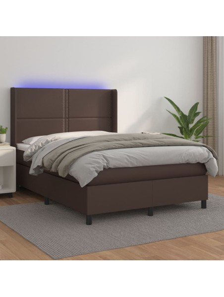 Boxspringbett mit Matratze & LED Braun 140x190 cm Kunstleder